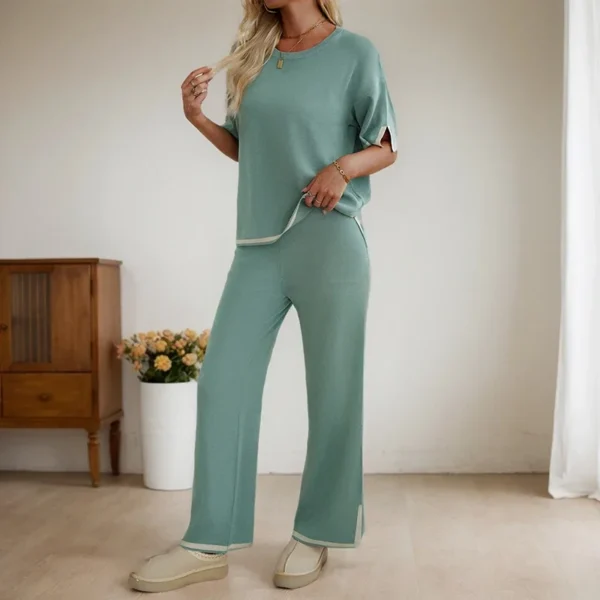 Korean Simple Solid Color Two Piece Sets For Women Casual Loose Slit Short Sleeve Tops High Waisted Wide Leg Trousers Suits - Image 2