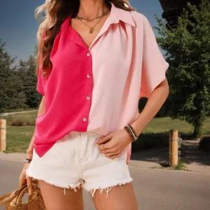 Beach Vacation Casual Blouses Elegant Contrast Color Patchwork Turn Down Collar Single-breasted Short Sleeve Shirt For Women