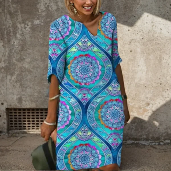 Vintage V-Neck Half Sleeve Printing Women Dress Causal Loose A-Line Knee Length Skirt 2023 Fashion New Female Sundress Vestidos - Image 5
