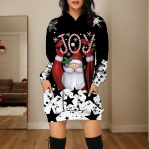 Autumn Fashion Womens Dress Hip Hop Vintage Mini Dresses Loose Christmas Plaid Snowflake Print Long Sleeve With Hooded Dress