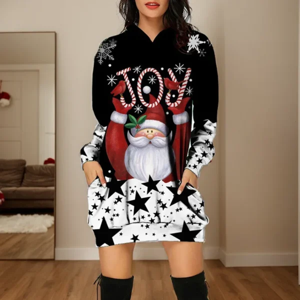 Autumn Fashion Womens Dress Hip Hop Vintage Mini Dresses Loose Christmas Plaid Snowflake Print Long Sleeve With Hooded Dress