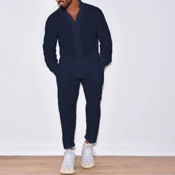 Europe and the United States men's new casual suit men's 100% cotton monochrome autumn fashion home loose long-sleeved shirt - Image 2