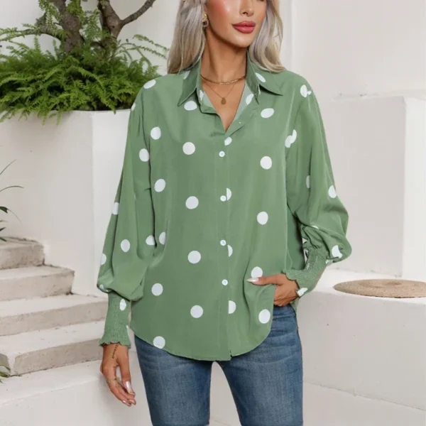 Korean Simple Light Green T-Shirts Fashion Elegant Ladies Office Turn Down Collar Lantern Sleeve Button Women Clothes Blouses - Image 4