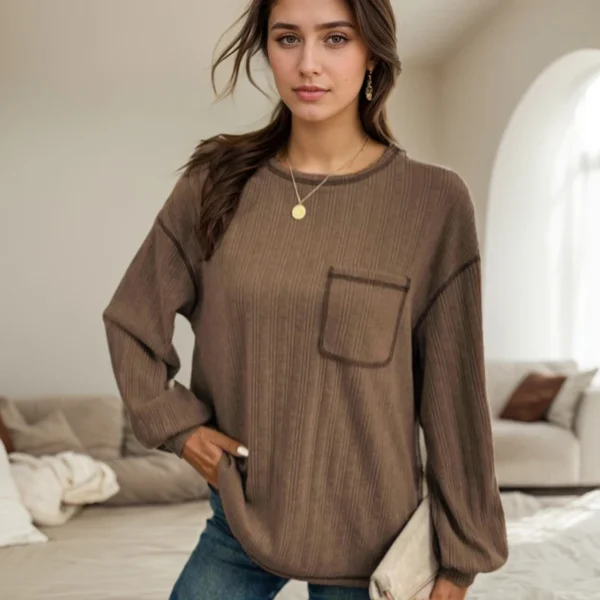 T-Shirt For Women Clothing Casual Solid Color Patchwork Pocket Round Neck Long Sleeved T-shirts Fashion Lady Knitwears Blouses - Image 6