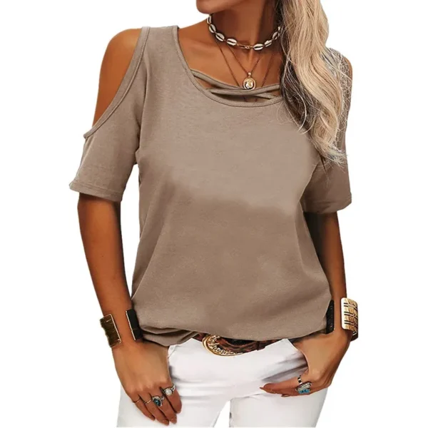 Fashion Commuter Solid Color T-Shirts Elegant Irregular Cross Bandage Hollow Out Off Shoulder Round Neck T-Shirts For Women - Image 2