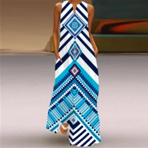 Fashion New Printed Women Dress Summer Vintage V-neck Sleeveless Loose A-Line Dress Elegant Casual Ladies Maxi Dresses Vestidos