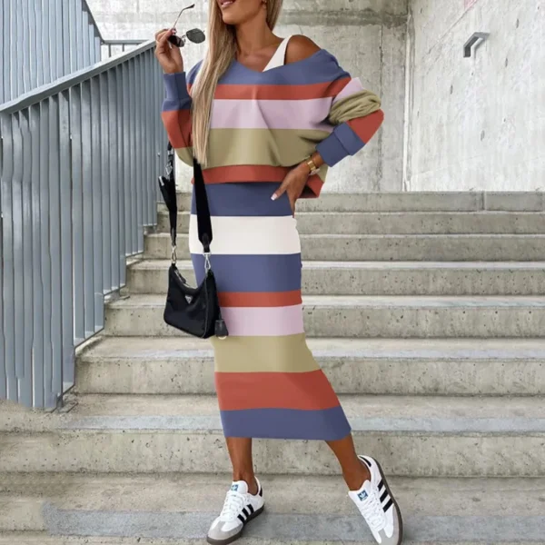 Two Piece Sets Women Printing V-Neck Sleeveless Bodycon Slim Dress & Batwing Long Sleeve Top Dress Suits Elegant Casual Female - Image 3