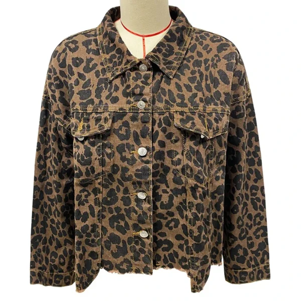 HIP HOP Leopard Denim Jackets For Women Fashion Casual Long Sleeves Turn Down Colllar Button Down Chest Pocket Slim Jackets - Image 3