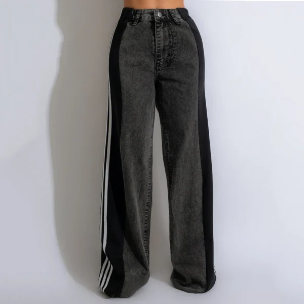 Summer Long Trouses For Women Casual Washed Denim Vintage Jeans Fashion High Waist Elastic Three Stripe Patchwork Straigh Pants - Image 2