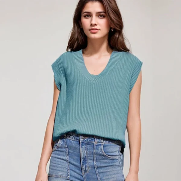 Office Ladies Commuting Vests Casual Striped Texture Crop Sleeveless V-neck Sweater Loose Versatile Solid Color Pullover Top