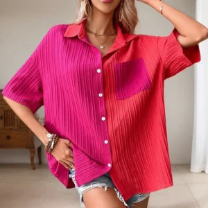Y2K Style Contrast Color Splicing Blouses Sweet Turn Down Collar Single Breasted Pocket Short Sleeve Cardigan T-Shirts For Women