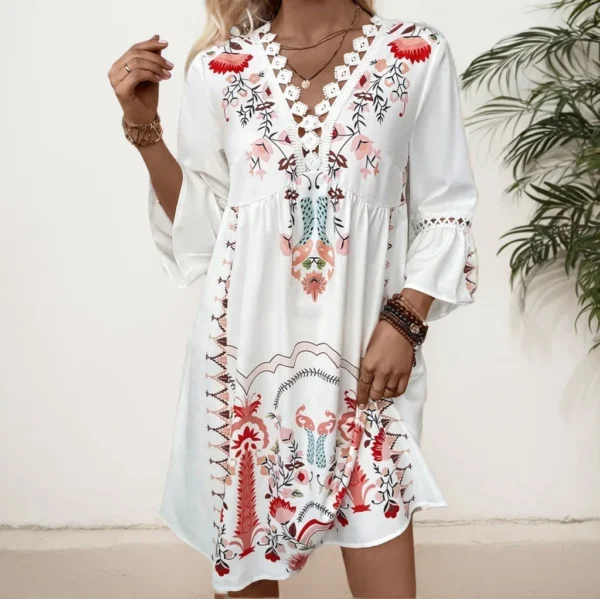 High Street Print Dresses Summer Vintage V-neck Hooked Flower Hollow Lace Panel V-neck Flare Sleeve Loose Dresses For Women - Image 3