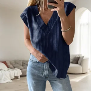 Streetwear Casual V-neck Tops Female Clothing Vintage Style Solid Color Sleeveless Vertical Stripes Pullover Vests For Women