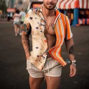 Europe and America fashion casual men's Hawaiian holiday short-sleeved shirt new striped slim cotton blend shirt