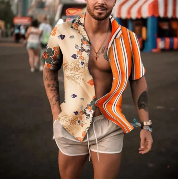 Europe and America fashion casual men's Hawaiian holiday short-sleeved shirt new striped slim cotton blend shirt