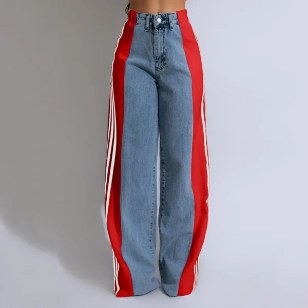 Summer Long Trouses For Women Casual Washed Denim Vintage Jeans Fashion High Waist Elastic Three Stripe Patchwork Straigh Pants - Image 5