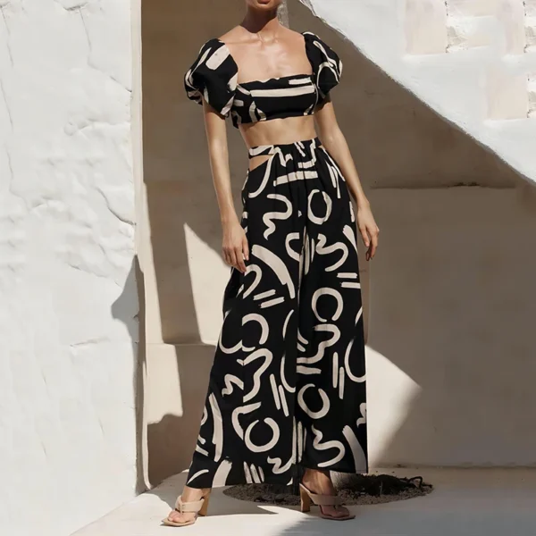 Two Piece Sets Fashion New Print Solid Color Puff Sleeve Zipper Breast Wrap Crop Top & Hollow Out Waist Big Hem Dress Suits Lady - Image 3