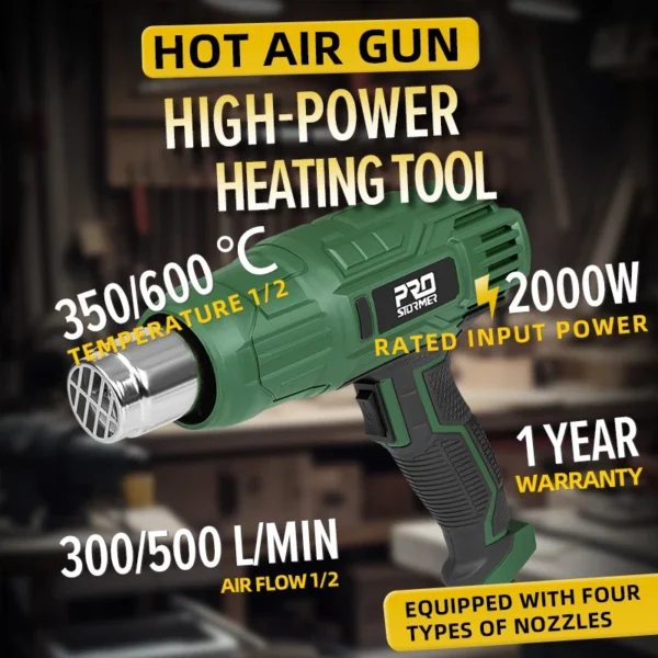 230V Heat Gun 2000W Industrial-Grade Electric Hot Air Gun with Adjustable 2-Speed Temperature and 4 Nozzle Attachments - Image 3