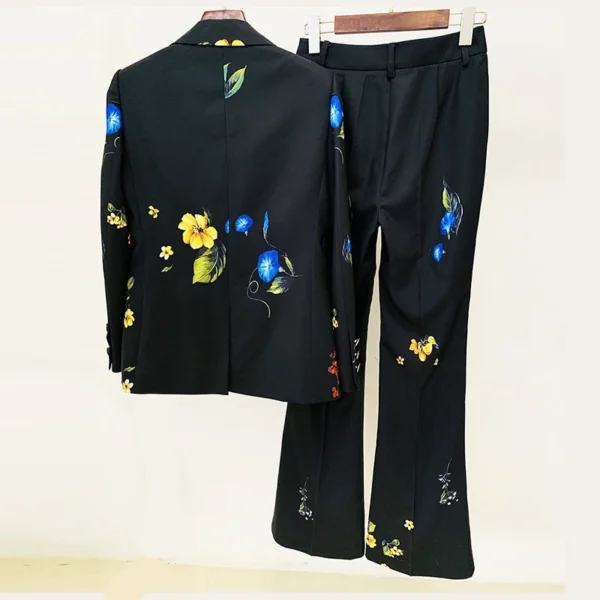 Elegant Temperament Ladies' Suit Autumn Flower Printed Single Button Blazer Coat High Waist Long Flare Pants Two Pieces Sets - Image 2