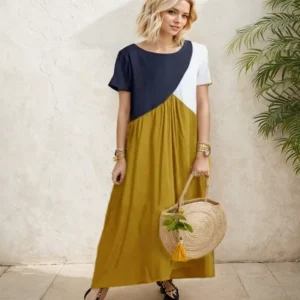 Fashion New Geometry Patchwork Women Dress Round Neck Daily Short Sleeve Long Dress Summer Causal Loose Higt Waist Beach Dress