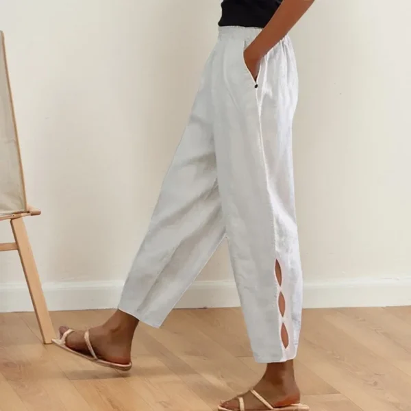 Elegant Solid Color Pants Office Commute Lady Cotton And Linen Pocket Button Decorate Trouser Legs Hollow Elastic Waist Trousers - Image 6