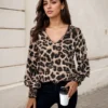 Vintage Leopard Print Tops For Women Fashion Commuting Casual Loose Lantern Sleeve Print V-neck Simple Fitting Slim Blouses