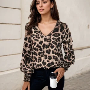 Vintage Leopard Print Tops For Women Fashion Commuting Casual Loose Lantern Sleeve Print V-neck Simple Fitting Slim Blouses