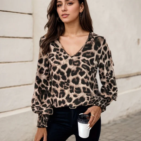 Vintage Leopard Print Tops For Women Fashion Commuting Casual Loose Lantern Sleeve Print V-neck Simple Fitting Slim Blouses