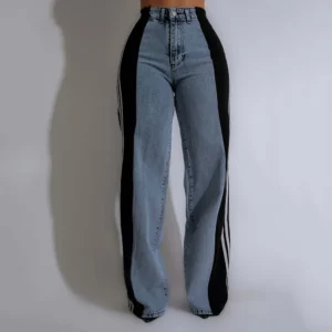 Summer Long Trouses For Women Casual Washed Denim Vintage Jeans Fashion High Waist Elastic Three Stripe Patchwork Straigh Pants