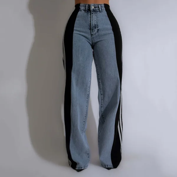 Summer Long Trouses For Women Casual Washed Denim Vintage Jeans Fashion High Waist Elastic Three Stripe Patchwork Straigh Pants