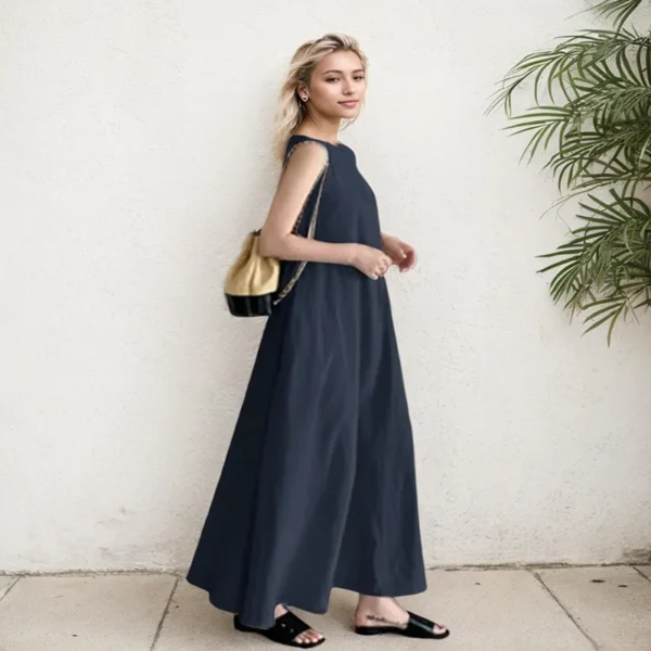 Women's Dress Casual Loose Comfor Cotton Linen Solid Color O-Neck Sleeve Long Dress Fashion Elegant Office Holiday Dress Female - Image 3