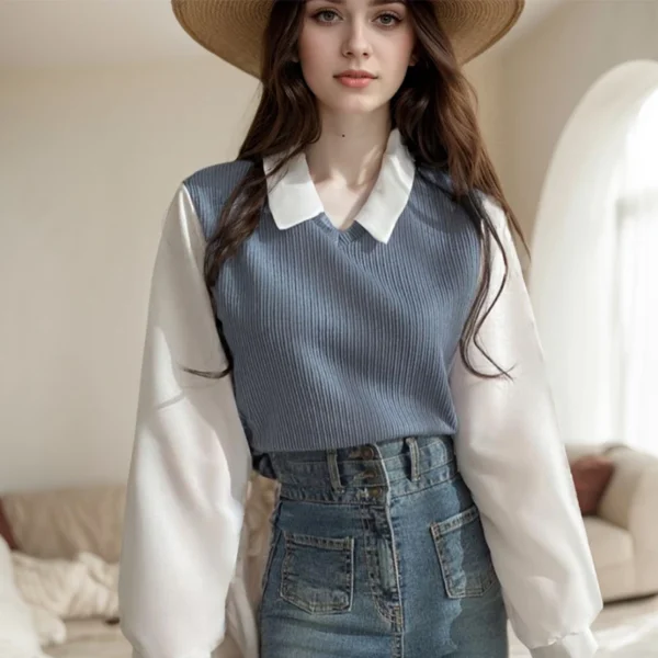 Y2k Sweet Women's T-Shirts Casual False Two-piece Patchwork Knitwear Blouse Loose Long Sleeve Turn-down Collar Pullover Blouses - Image 4