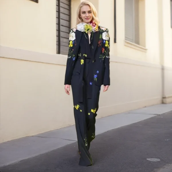 Elegant Temperament Ladies' Suit Autumn Flower Printed Single Button Blazer Coat High Waist Long Flare Pants Two Pieces Sets - Image 5