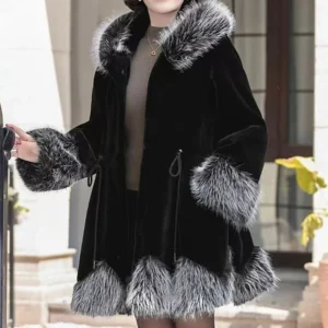 Autumn and Winter New Fur Women's Coat Korean Version Ruffle Hooded Drawstring Design Long Sleeves Imitation Mink Velvet Coats