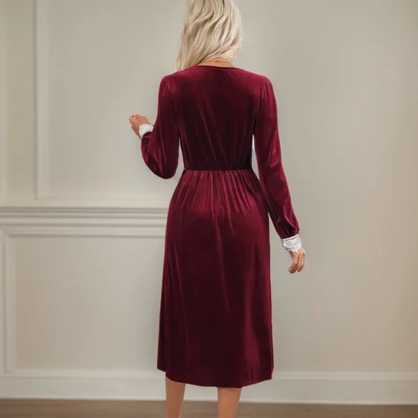 Red Christmas Women's Long Dress Elegant Lace Patchwork Contrasting V-Neck Button Decoration Long Sleeved High Waisted Dresses - Image 4