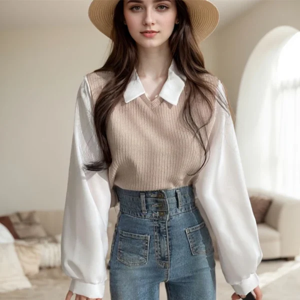 Y2k Sweet Women's T-Shirts Casual False Two-piece Patchwork Knitwear Blouse Loose Long Sleeve Turn-down Collar Pullover Blouses - Image 5