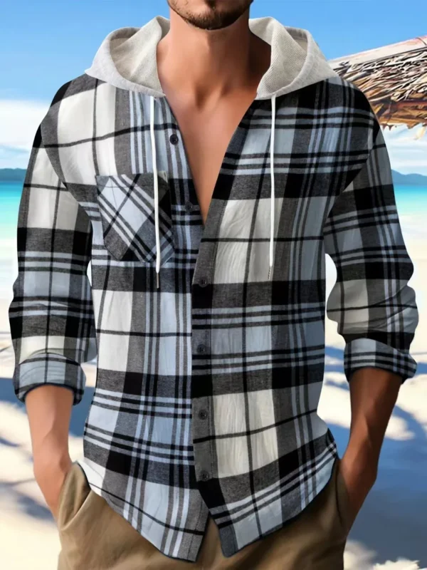Spring and autumn flannel large size senior comfortable plaid shirt shirt long sleeve hooded street casual men's hoodie coat - Image 4