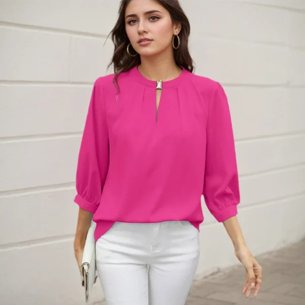 Office Lady Casual Loose Chiffon Shirt Spring Summer New Fashion V-neck Three-quarter Sleeve Solid Color Pullover Women's Blouse - Image 2