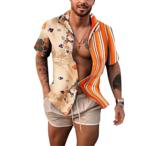 Europe and America fashion casual men's Hawaiian holiday short-sleeved shirt new striped slim cotton blend shirt - Image 2