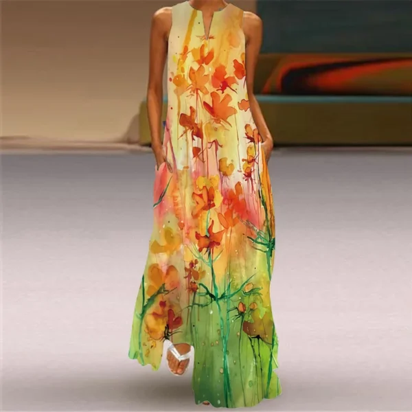 Retro Print V-neck Sleeveless Women Dress Causal Summer Fashion Long Dress Temperament Elegant Loose Straight Female Sundress - Image 2