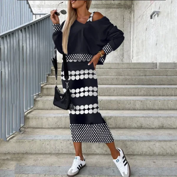Two Piece Sets Women Printing V-Neck Sleeveless Bodycon Slim Dress & Batwing Long Sleeve Top Dress Suits Elegant Casual Female - Image 5