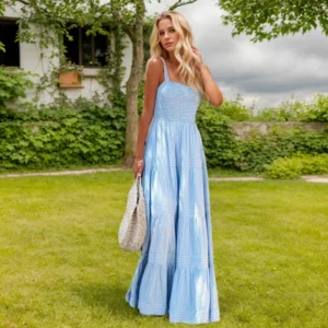 Korean Simple Long Dress High Street Square Collar Sleeveless Backless Stripe Splicing Zipper High Waist A-line Dress For Women