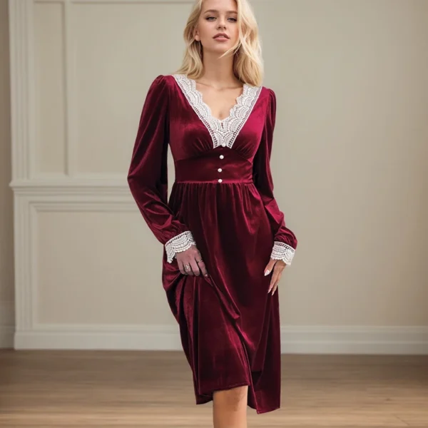 Red Christmas Women's Long Dress Elegant Lace Patchwork Contrasting V-Neck Button Decoration Long Sleeved High Waisted Dresses - Image 2