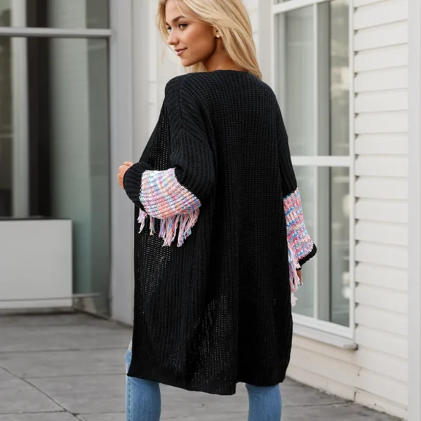 Fashion Mid-calf Length Coat Elegant V-neck Long Sleeve Multicolor Patchwork Tassel Weater Casual Loose Knit Cardigan for Autumn - Image 6