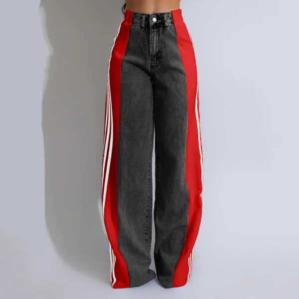 Summer Long Trouses For Women Casual Washed Denim Vintage Jeans Fashion High Waist Elastic Three Stripe Patchwork Straigh Pants - Image 6