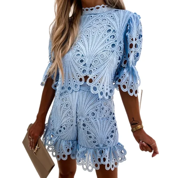 2Pcs Suit Fashion New Lace Printing Patchwork Solid Color Short Sets Stand Collar Half Sleeve Crop Top and Lace Shorts Suits - Image 5
