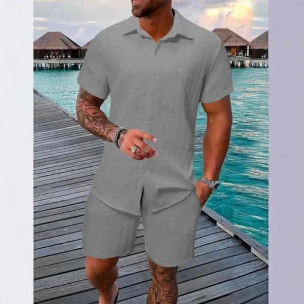 2025 new European and American summer jacquart solid color suit short-sleeved men holiday casual shirt shorts two-piece set - Image 2
