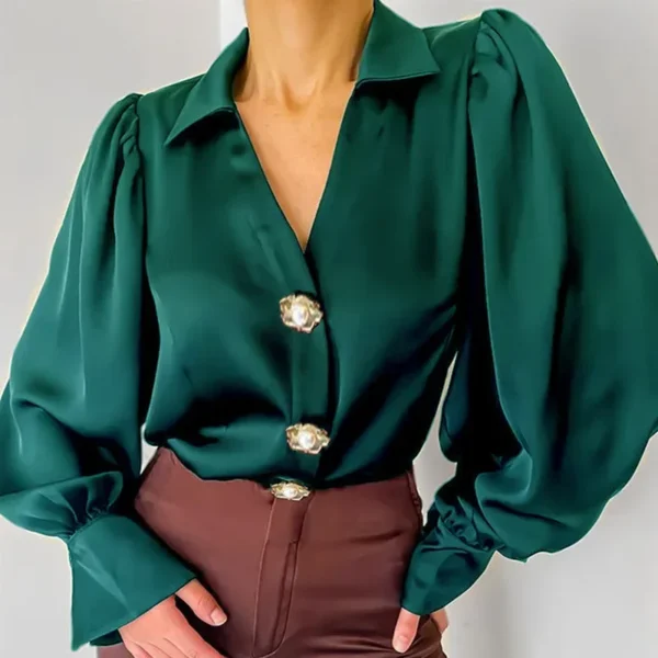 Streetwear Chic Lantern Sleeve Women's Shirt Fashion Chic Solid Color Turn-Down Collar V-neck Single-breasted Satin T-Shirts - Image 2