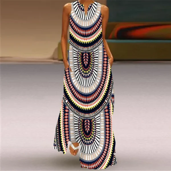 Retro Print V-neck Sleeveless Women Dress Causal Summer Fashion Long Dress Temperament Elegant Loose Straight Female Sundress - Image 4