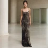 Elegant Strap Design Slim Long Dress Fashion Trend Leopard Print Swing Collar Sleeveless Slim Shoulder Straps Back-length Dress